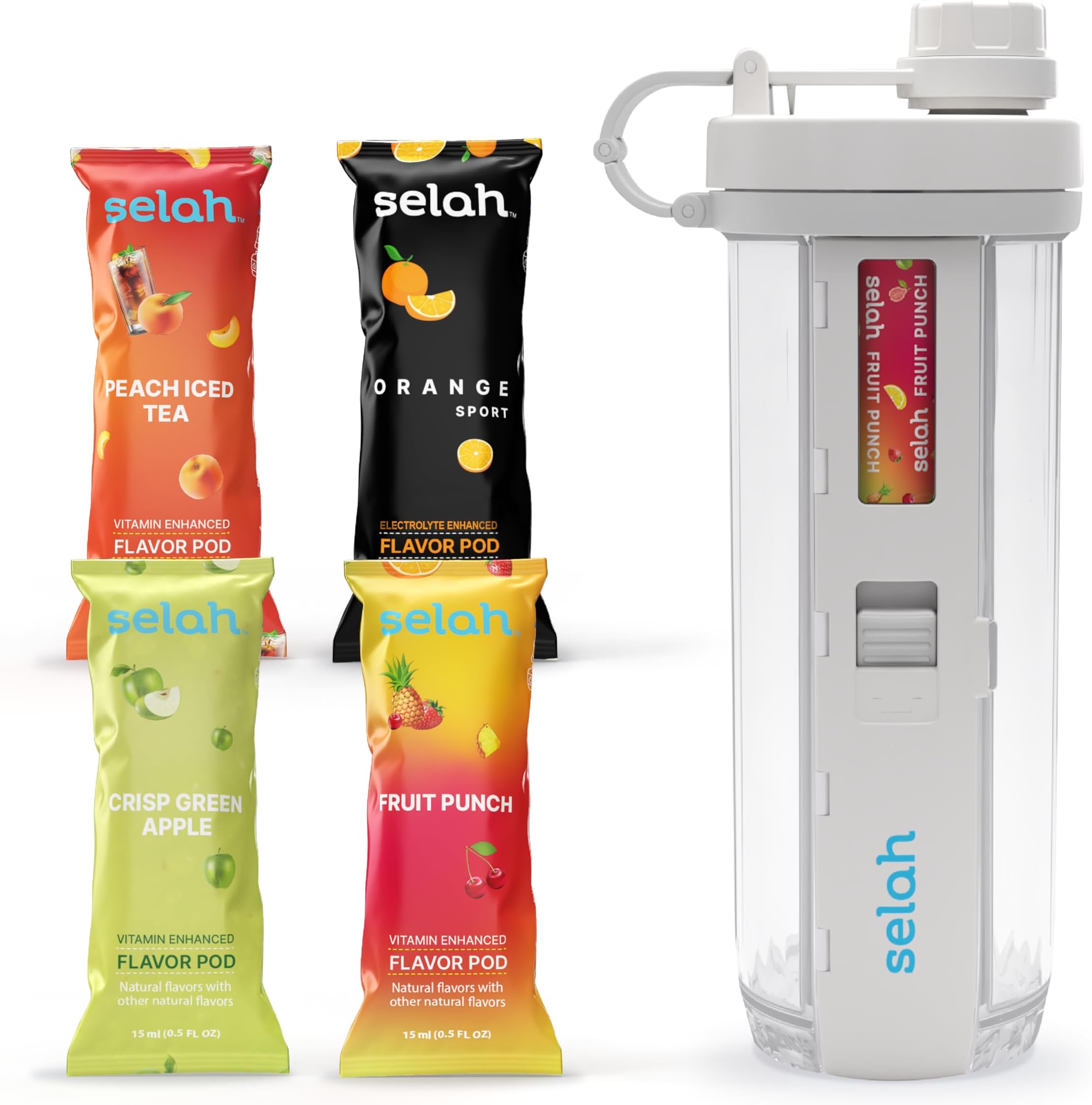Selah Flavored Water Bottle - Sugar Free, Vitamin Infused Water - 20oz With Flavor Pods - Energy Drink, Strawberry, Sports Drink (White, 4 Pods)