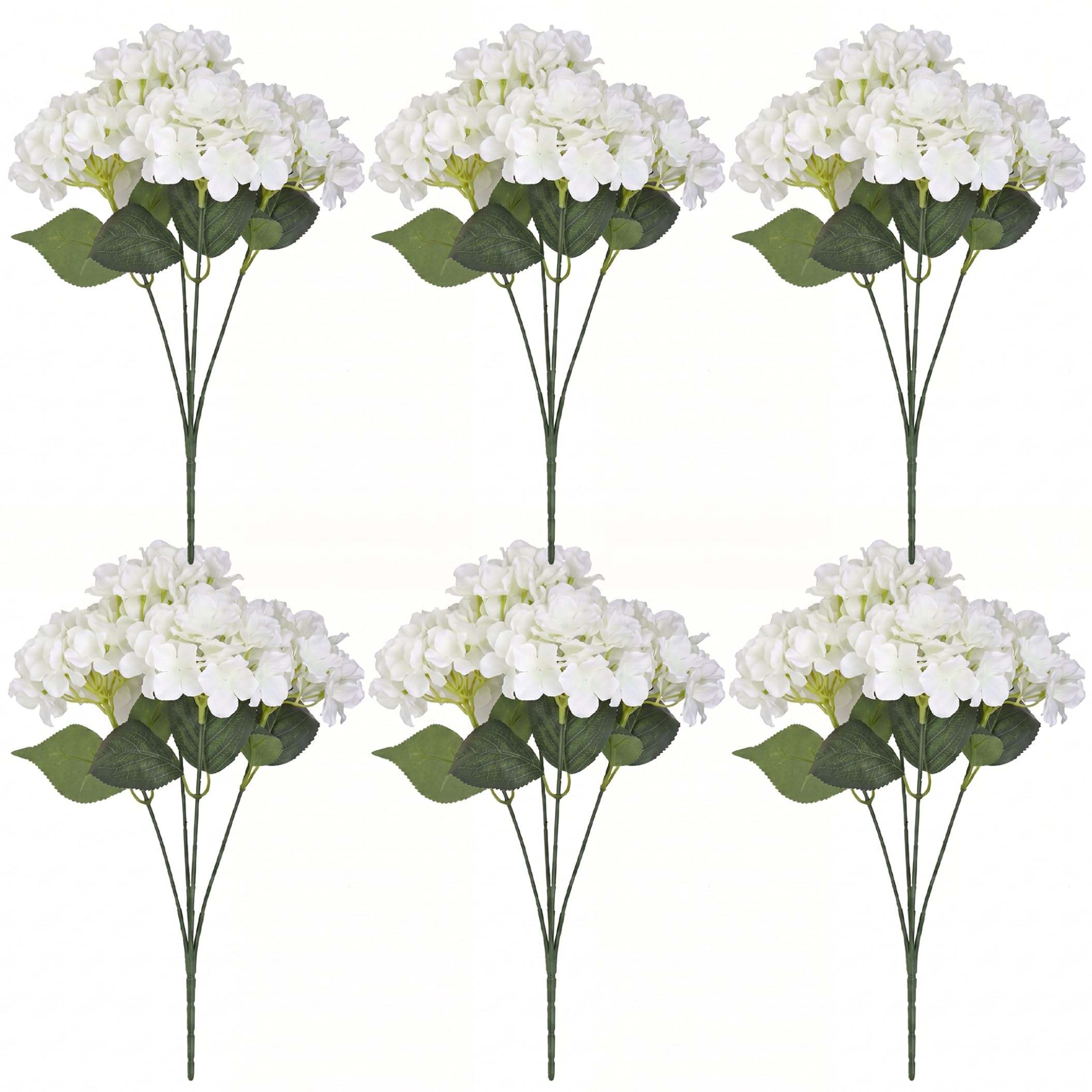Bemonew 6PCS Artificial Hydrangea Flowers, UV Resistant Outdoor Hydrangeas 18 Inch Realistic Blooms for Wedding & Garden Decor (White)