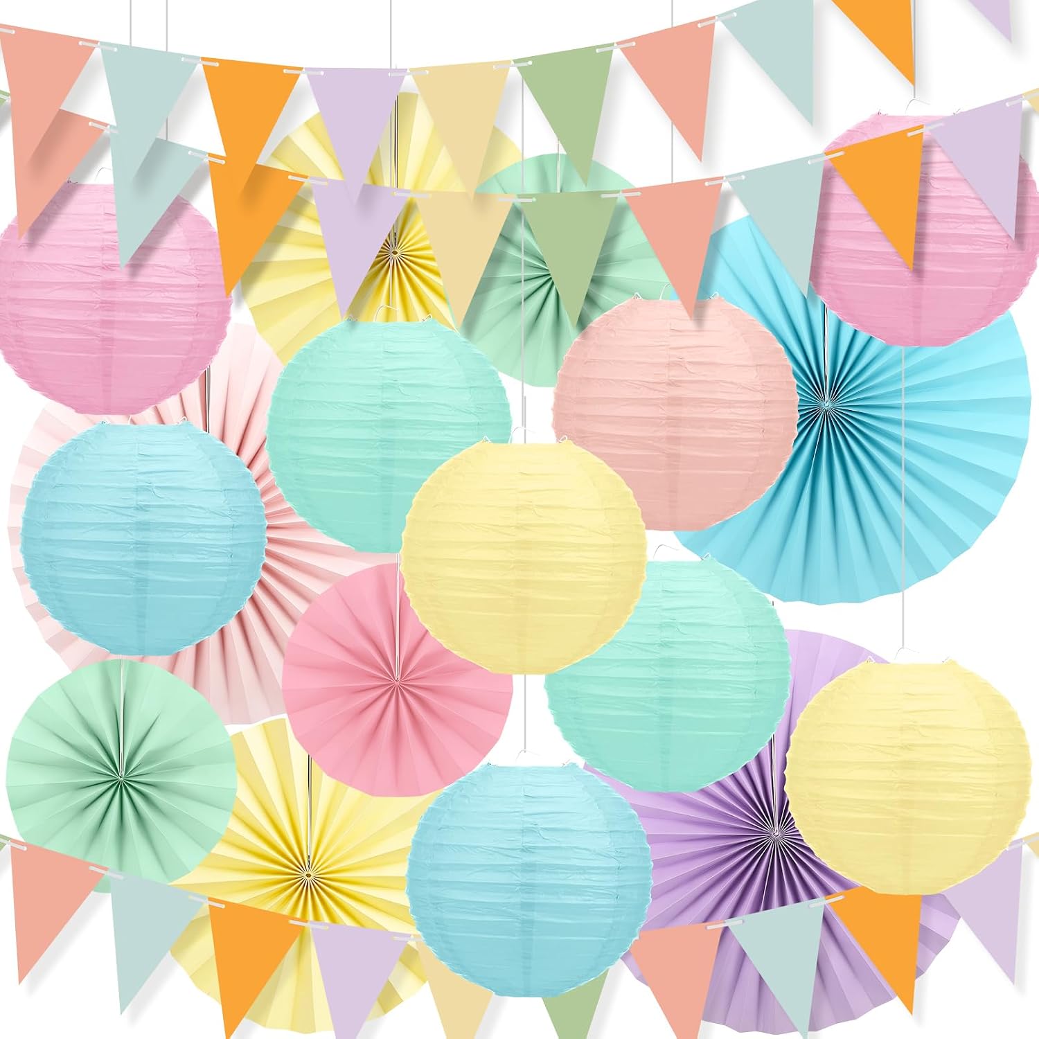 Kosiz 21 Pcs Pastel Classroom Decor Kit,Rainbow Party Decorations ,Pastel Hanging Paper Fans Triangle Flags Paper Lanterns Set for Back to School Birthday Baby Shower Wedding Party Classroom