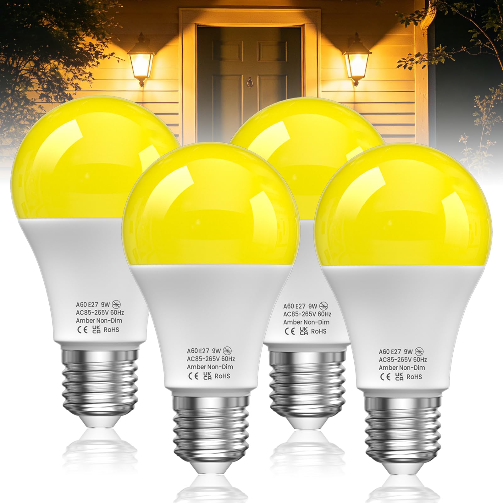 Lustaled LED E27 Amber Bulb, 2000K Warm Yellow Light Bulb, 9W Large Screw in Light Bulb Energy Saving, Blue Light Blocking for Porch, Hallway, Bedroom, Patio, Garden, Non-Dimmable 4 Pack