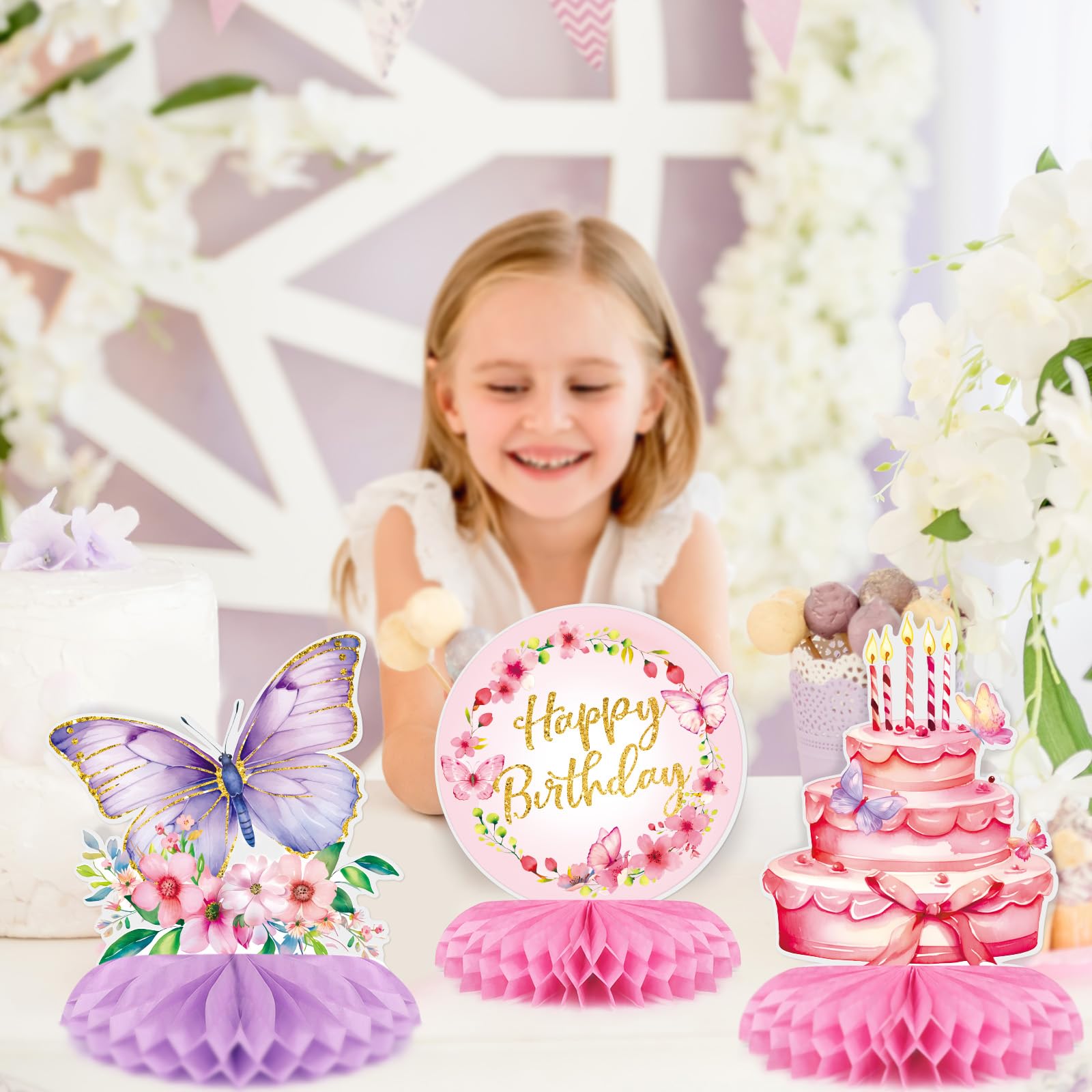 8 Pezzi Decorazione Tavolo Compleanno Bambina Centrotavolo Nido d'Ape Farfalla Decorazione Happy Birthday Compleanno Donna Rosa Argento Addobbi Farfalla Compleanno