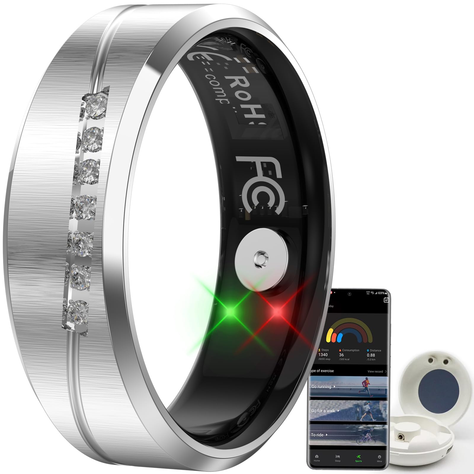 Smart Ring Benachrichtigungen Fitness Ring Damen Herren Silber Größe 9 | Benachrichtigung Herzfrequenz HRV Stress Schlaftracker Schrittzähler IP68 Wasserdicht Smartringe für Damen Herren Android iOS