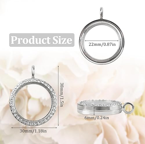 Miniatura 2 de WANDIC Abalorios de fotos de diamantes de imitación, colgante redondo de plata con medallón de memoria, para ramo de boda nupcial para foto o