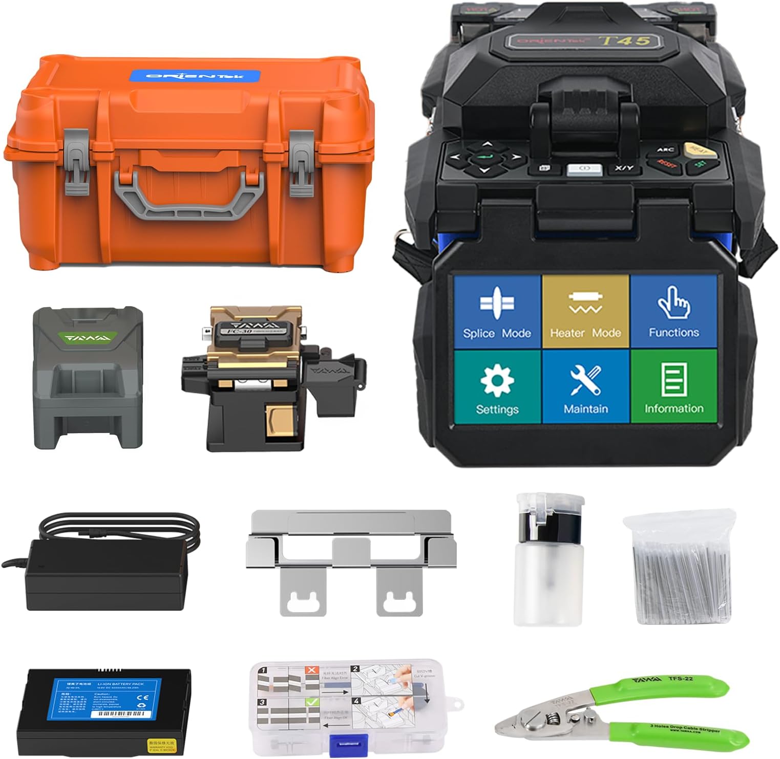 T45 FTTH Fiber Optic Fusion Splicer Machine Core Alignment Fusion Splicing Machine 7sec Splice Time 250ฮผm, 900ฮผm Flat Cable Jump Cables Cleaver+Optic Power Meter