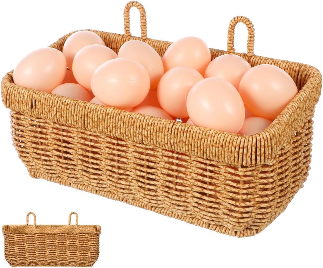 PRETYZOOM Woven Hanging Wall Baskets, Small Boho Natural Wicker Storage Organizer with 2 Hooks, Home Kitchen Bathroom Rattan Basket for Fruits, Food, Towel - 11 inch