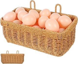 PRETYZOOM Woven Hanging Wall Baskets, Small Boho Natural Wicker Storage Organizer with 2 Hooks, Home Kitchen Bathroom Rattan Basket for Fruits, Food, Towel - 11 inch