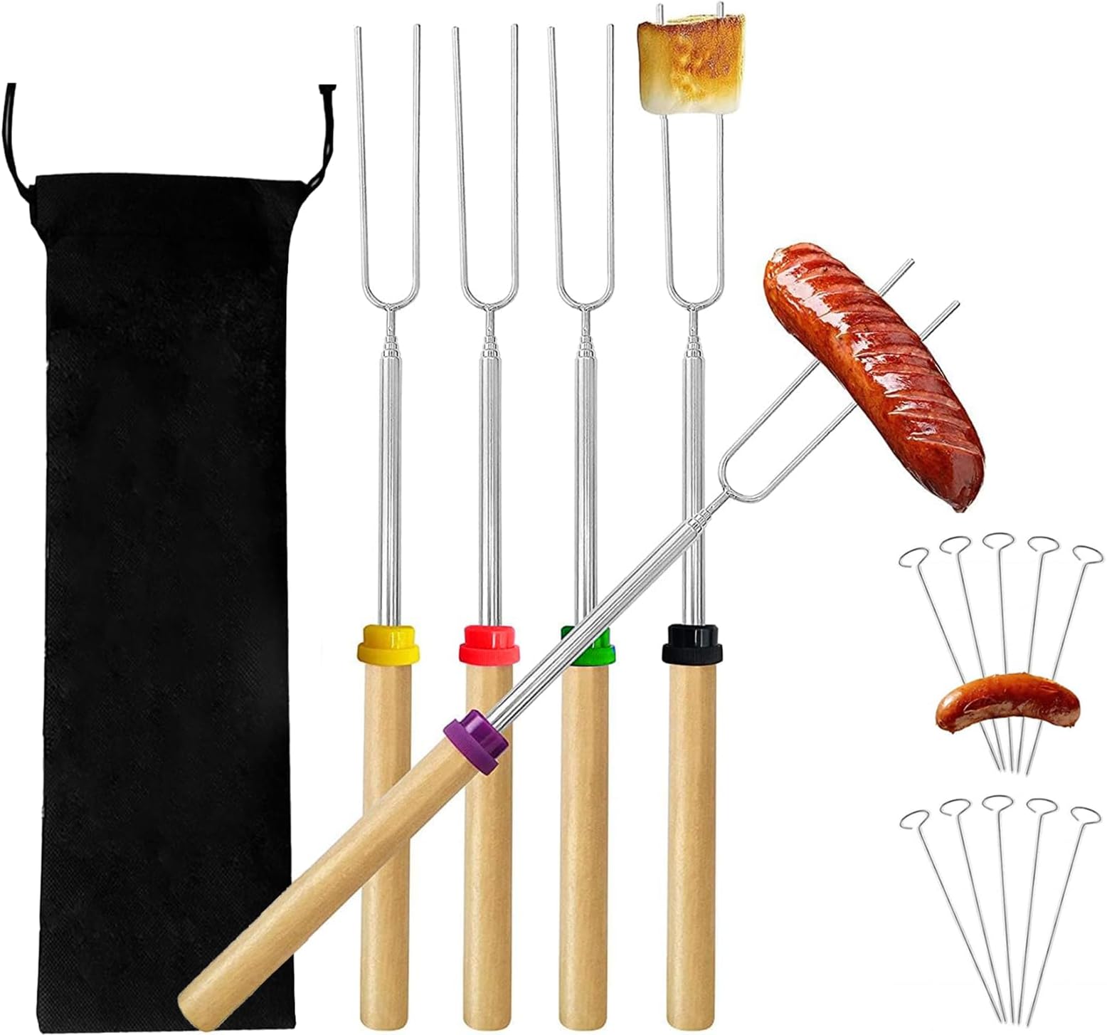 5 Pack Barbecue Forks Kit,31-81 cm Extendable Marshmallow Roasting Sticks Stainless Steel for Retractable Fire Pit Accessories for Outdoor,Indoor Campfire - Roasting & Toasting Over an Open BBQ