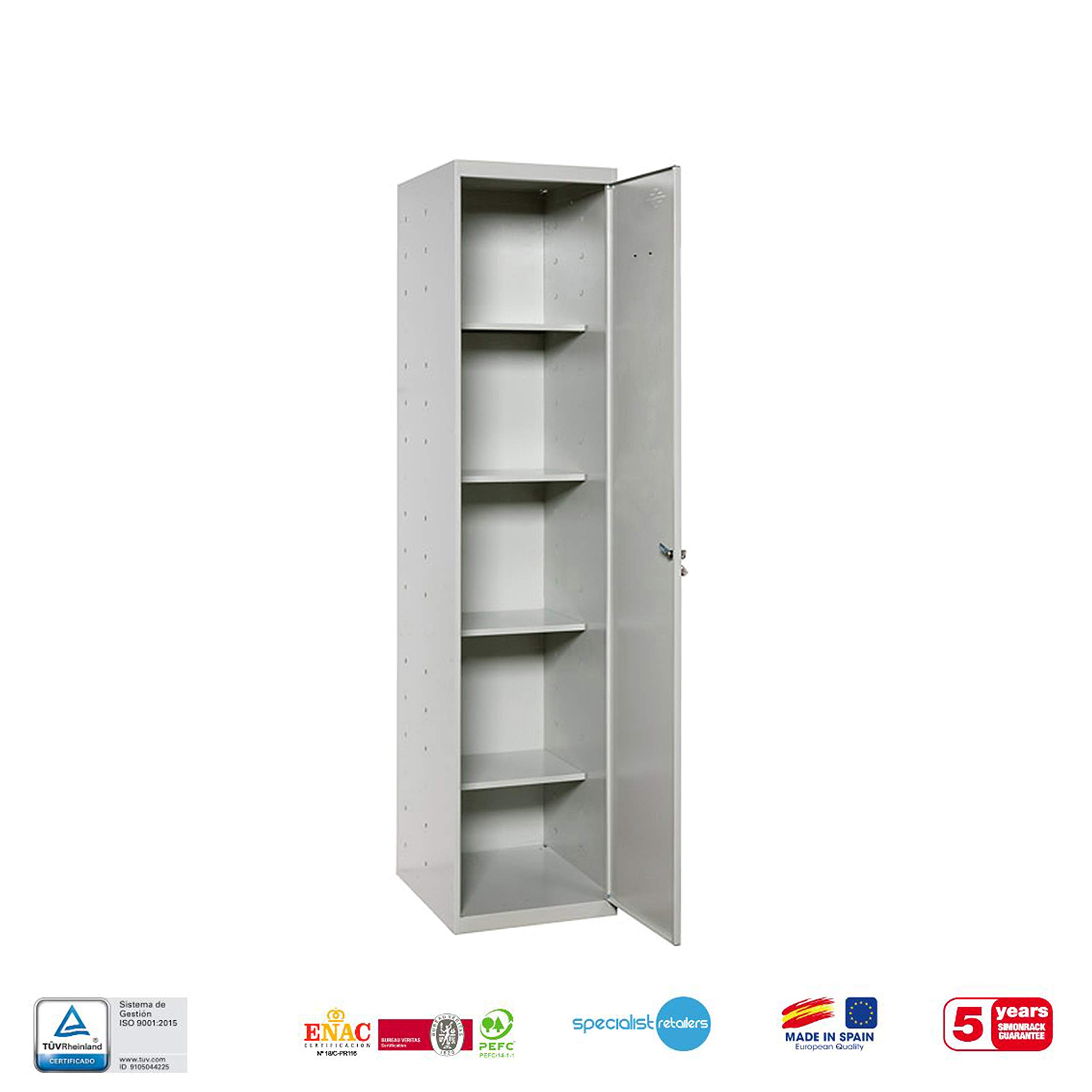 Simon Rack Armadio Metallico Multiuso per Garage e Ufficio, 1800 x 400 x 400 mm, 1 anta, 4 ripiani regolabili, con serratura, grigio - Simonlocker