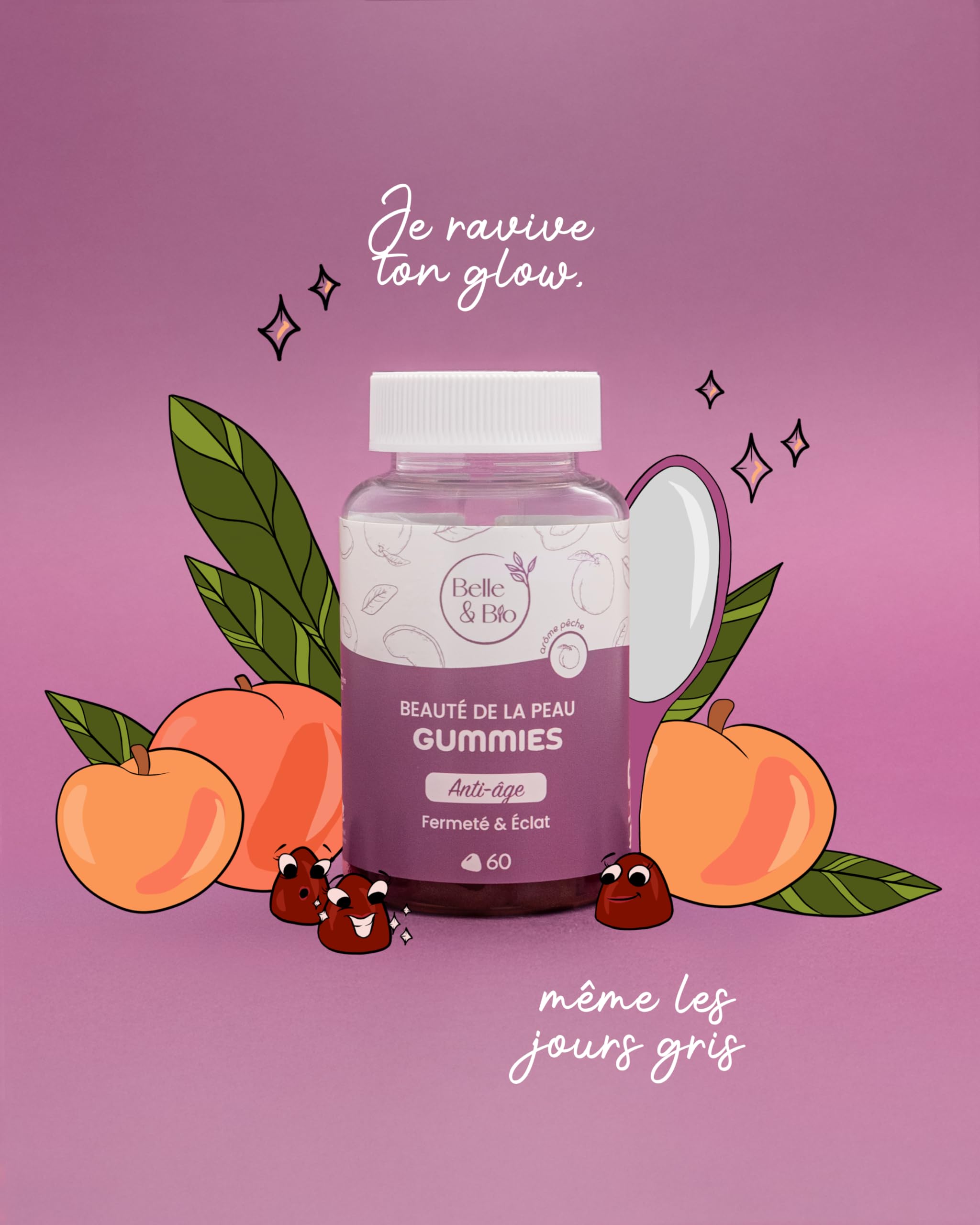 Belle&Bio - Gummies Beauté de la Peau - Éclat retrouvé, jeunesse révélée - Compléments Alimentaires - Made in France - Biotine, Zinc, Vitamine C, SkinAx- Cure 1 mois - 60 Gummies