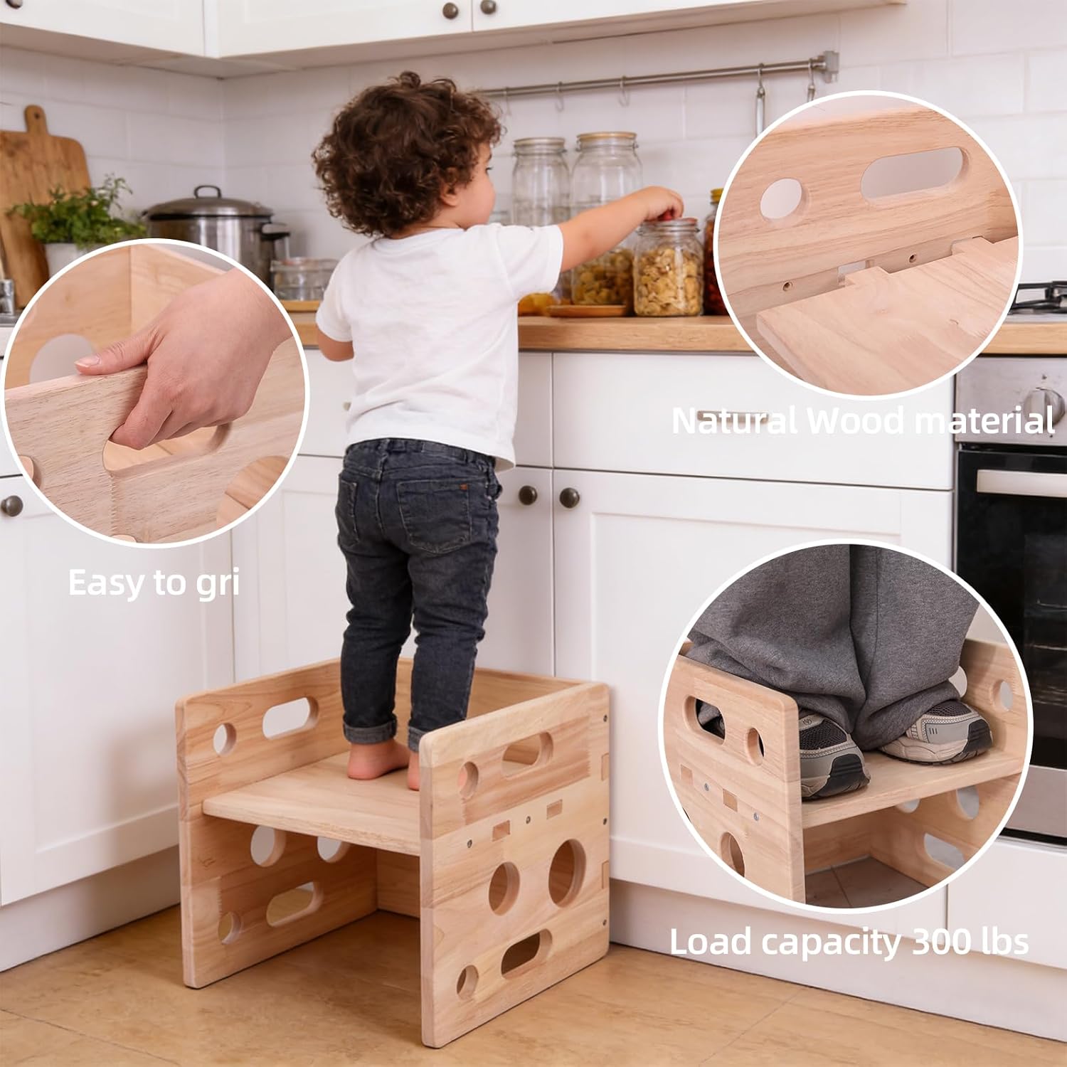 QZM Wooden Step Stool, Square Two Step Stools for Toddler 300 lbs Capacity with Safety Non-Slip Pads and Handles for Bathroom, Kitchen Dual Height for Kids, Natural