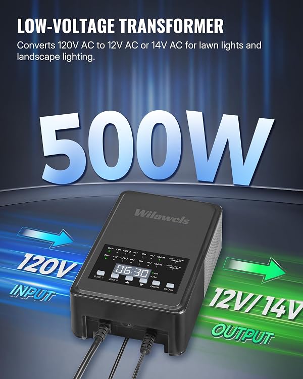 WILAWELS 500W Low Voltage Landscape Transformer, 2 Zone Independent Control 120VAC to 12/14V AC Low Voltage Transformer, Landscape Lighting Transformer with Timer & Photocell Sensor ETL Listed D29LT06 by WILAWELS - Used condition - Image 8