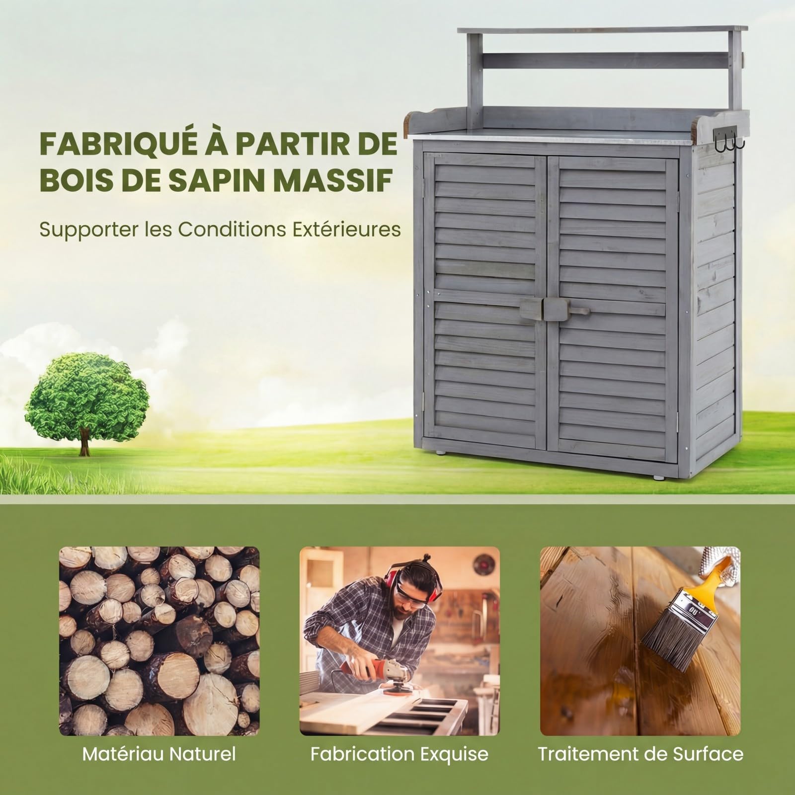 COSTWAY Armoire Jardin Bois, Armoire Exterieur avec Plan de Travail en Métal, 3 Crochets, Etagères Amovibles, Portes à Persiennes, Table de Rempotage, Meuble Exterieur Rangement (Gris)