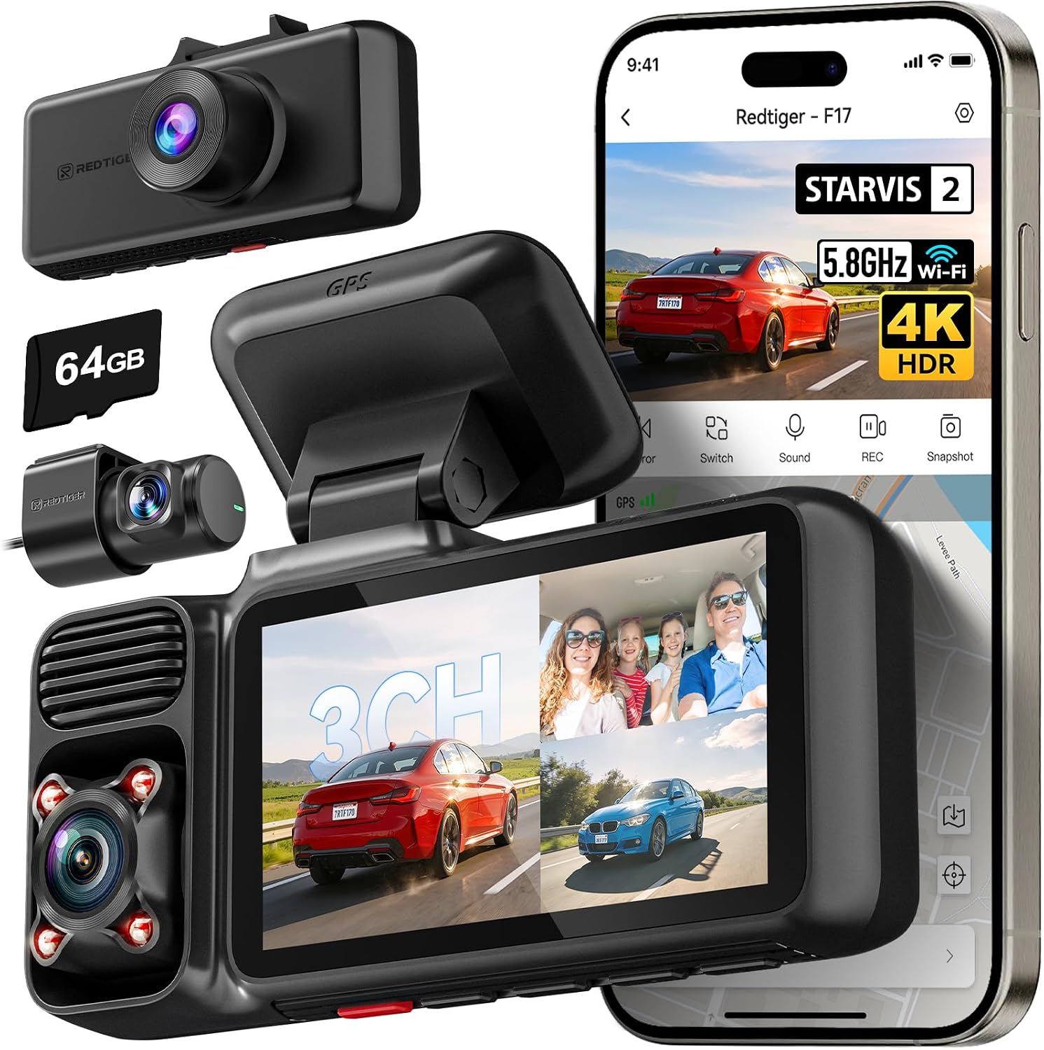 REDTIGER F17 4K 3CH Dash Cam, STARVIS 2 Sensor HDR, 64GB Card, 5.8GHz WiFi | 2160P+1080P*2 Front Inside and Rear, 4 IR Night Vision, G-Sensor, GPS Tracking, Exclusive App, WDR Car Camera, Parking Mode