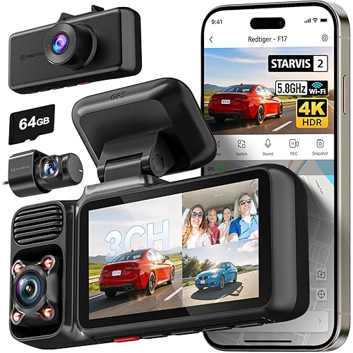 REDTIGER F17 4K 3 Channel Dash Cam, STARVIS 2 IMX675 HDR, 2160P+1080P+1080P Front Inside and Rear Triple Car Camera with 64GB Card, 5.8GHz WiFi GPS, IR Night Vision, G Sensor, WDR, Parking Mode