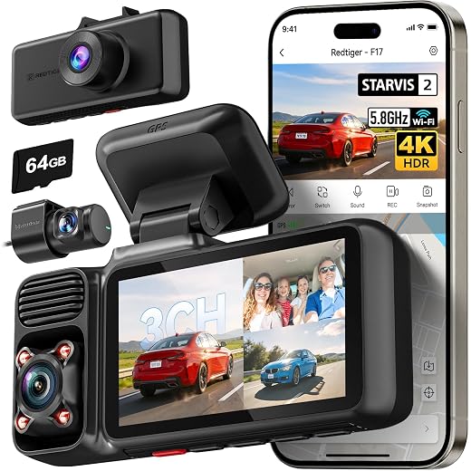 REDTIGER F17 4K 3 Channel Dash Cam, STARVIS 2 IMX675 HDR, 2160P+1080P+1080P Front Inside and Rear Triple Car Camera with 64GB Card, 5.8GHz WiFi GPS, IR Night Vision, G Sensor, WDR, Parking Mode