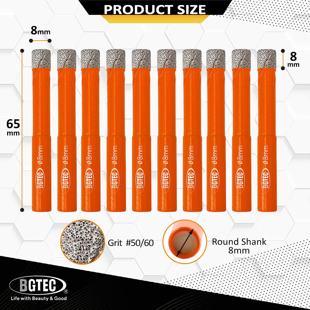 Dry Diamond Drill Bit Set,BGTEC 10pcs 5/16" 8mm Hole Saw for Granite,Marble,Masonry, Concrete, Tile/Ceramic, Glass, Hard Plastic,Vacuum Brazed Diamond Core Drill Bit Kit