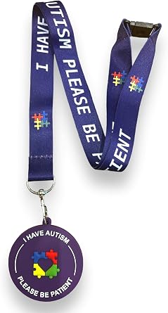 Autism Awareness Lanyard - I Have Autism Please Be Patient & Matching PVC 3D Visual Lanyard Disc Tag