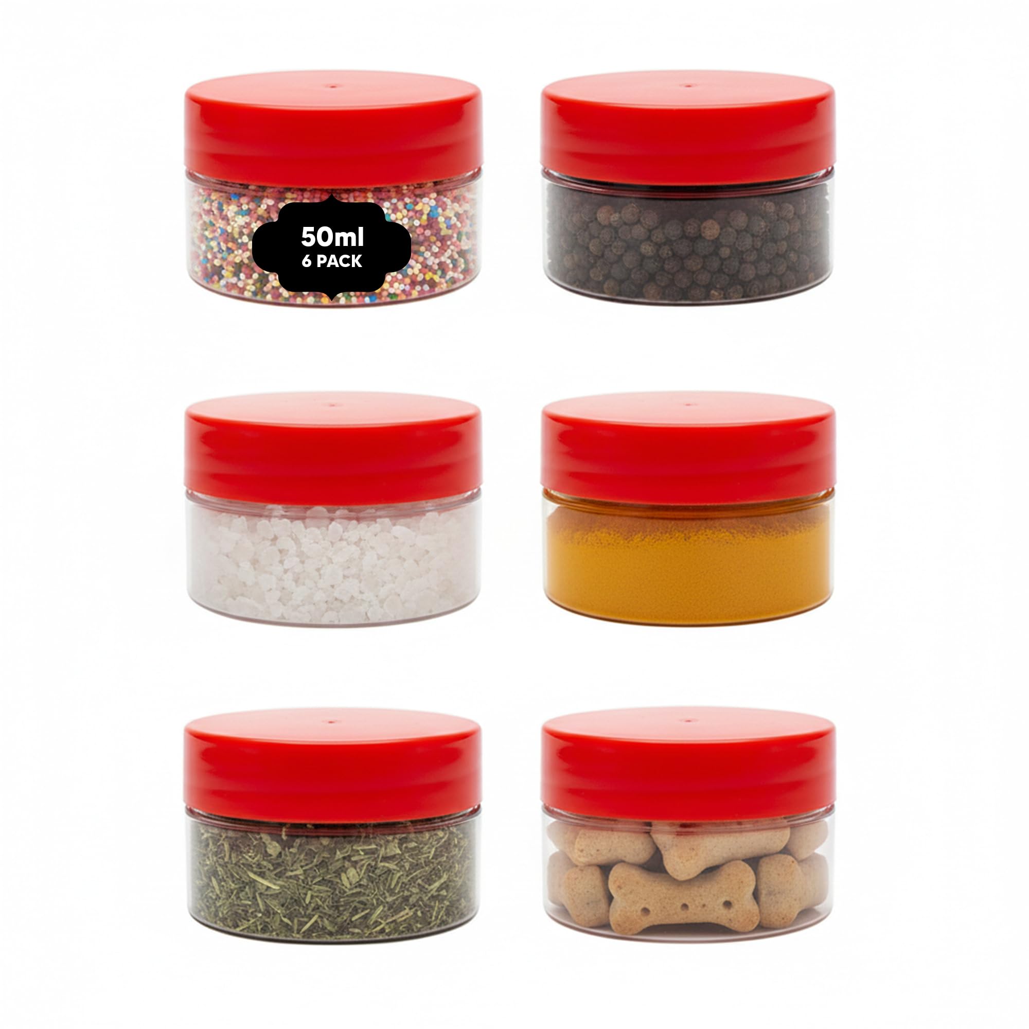 AXXTAN 6 x 50ml Plastic Storage Jars with Screw Top Lids Airtight Food Storage Containers BPA Free for Kitchen, Herb, Spices, Sweets Clear Canister Pots, Clear/Red Lid, 50ml Storage Jar