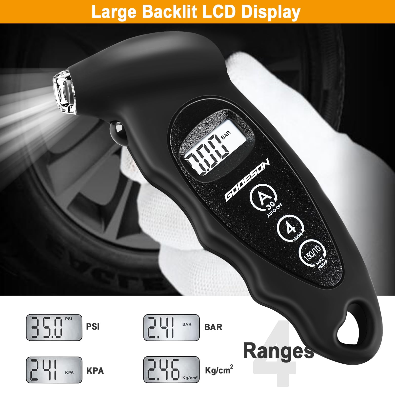 GODESON Manometro digitale per pneumatici, 150 psi, 10 bar, 4 impostazioni, accessorio per auto con LCD retroilluminato, manometro per pneumatici adatto per auto, camion, biciclette, moto
