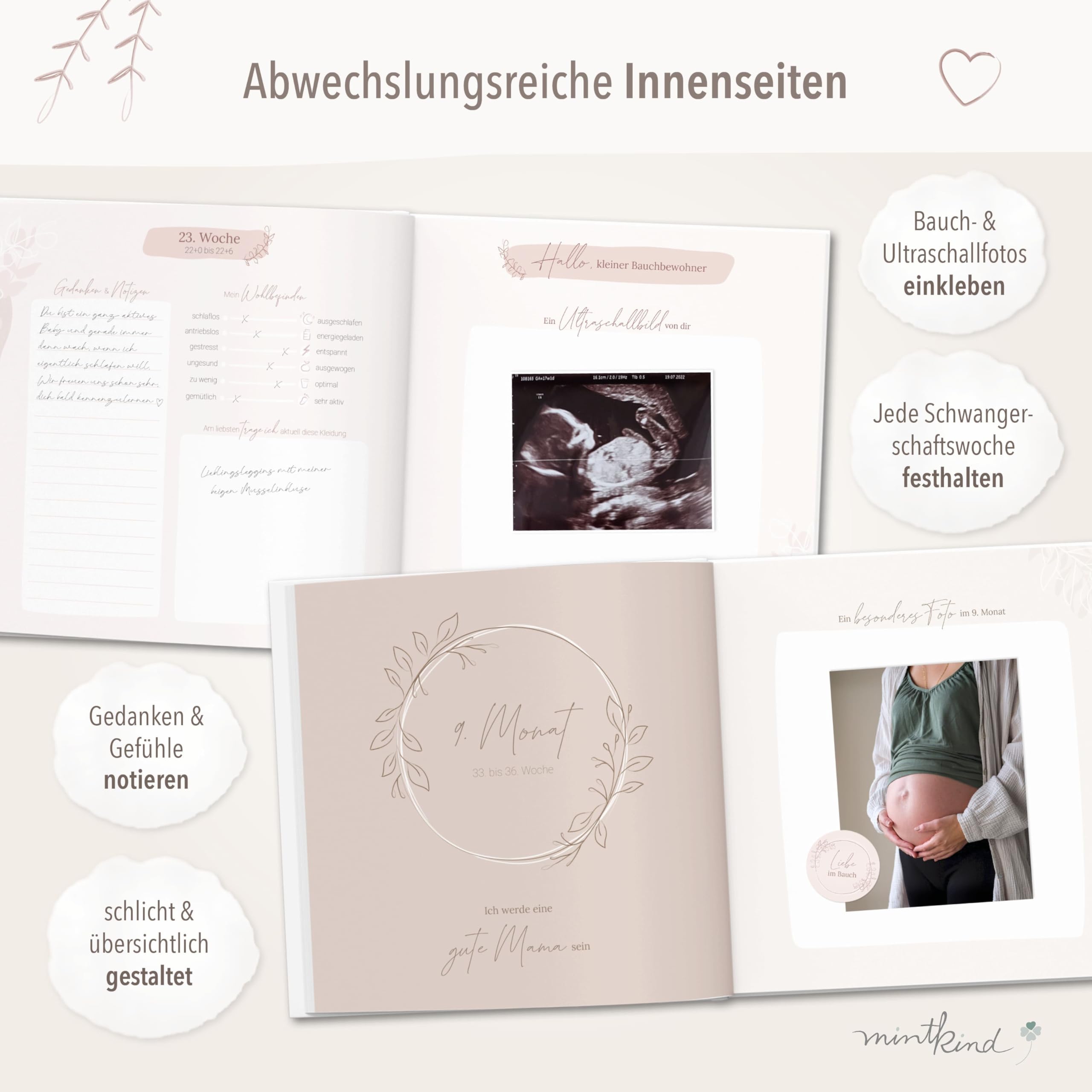 mintkind® Schwangerschaftstagebuch Leinen „Meine Schwangerschaft“ + Sticker Set I Hardcover Tagebuch zum Eintragen I Geschenk für Schwangere und werdende Mütter | Schwangerschaft Fotoalbum Baby Album