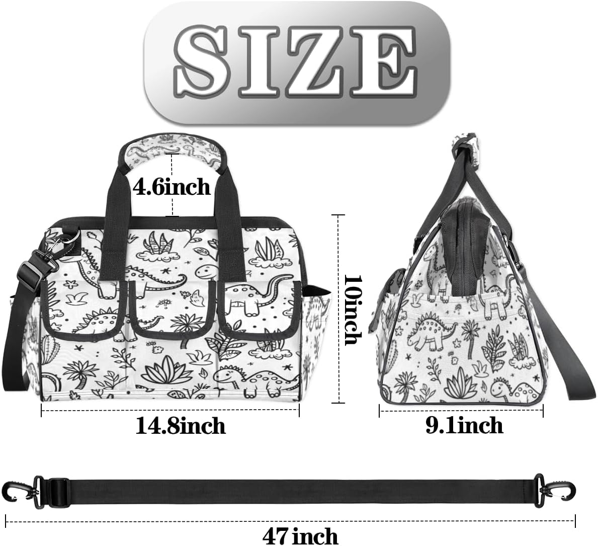 Retro Dinosaurs Heavy Duty Tool Bag for Men Garden Engineer Electrician Carpenter Sturdy Portable Tool Box Organizer Storage with Handle Pockets Strap 15 Inch