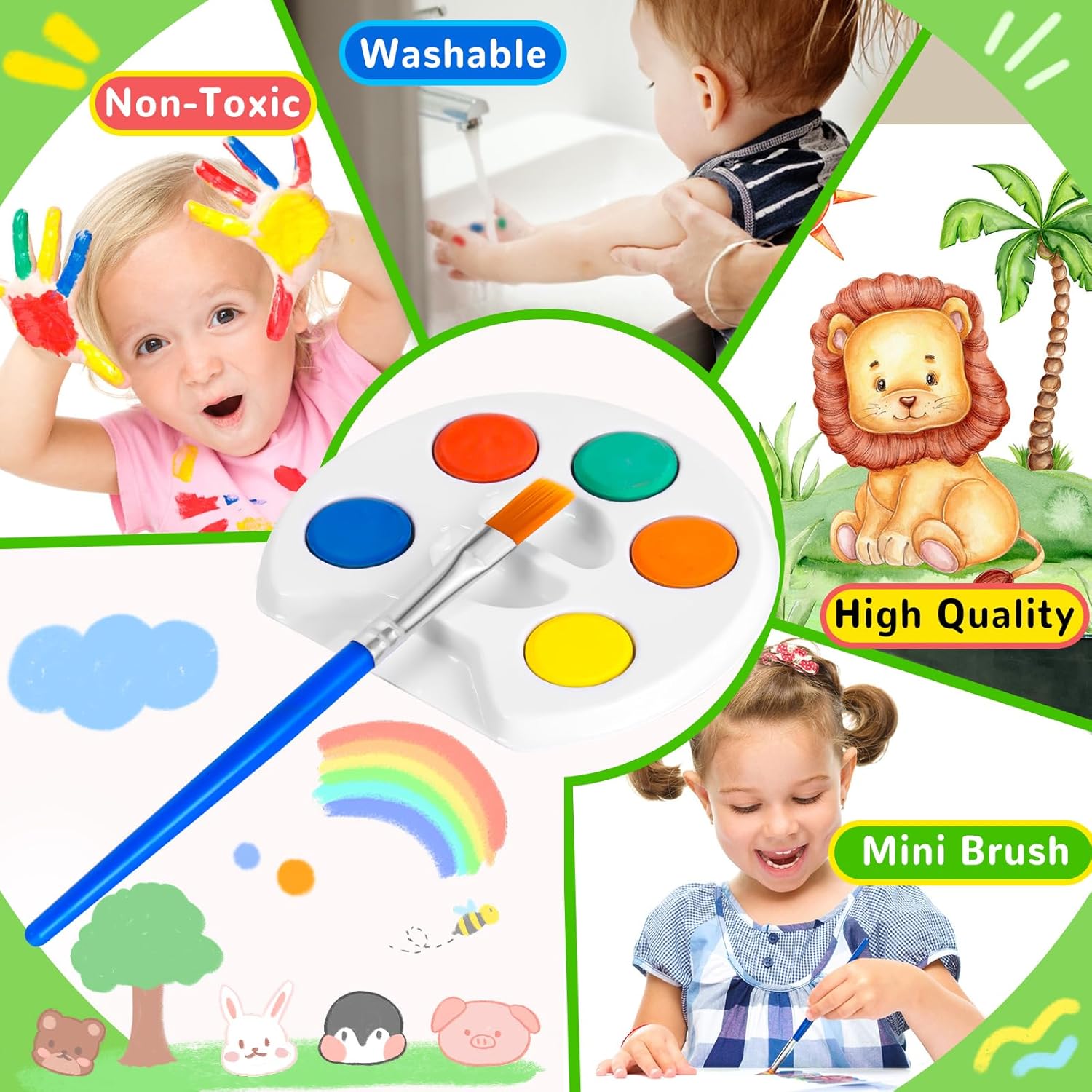 Mini Watercolor Paint Set for Kids.18 Pack Watercolor Paint Kids,5 Color Water Color set with Paint Brush and Palette Tray.DIY for Art Party Favors, Prizes,Birthday,Easter Basket Stuffers.