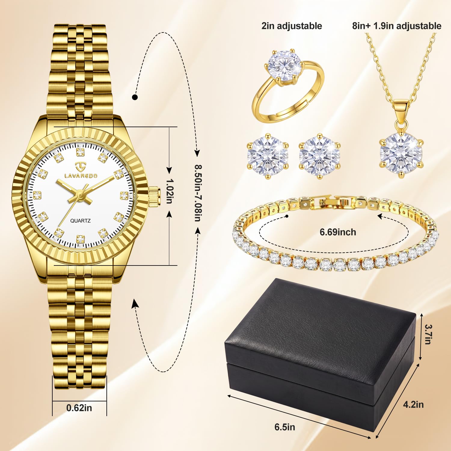 Timever Damen-Armbanduhr-Set, 18 Karat vergoldet, Armreif, Armband, Ring für Frauen, zierliche Damen-Armbanduhr, wasserdicht, analoge Uhr mit leuchtend, Valentinstag, Jahrestag, Geburtstag, Geschenke