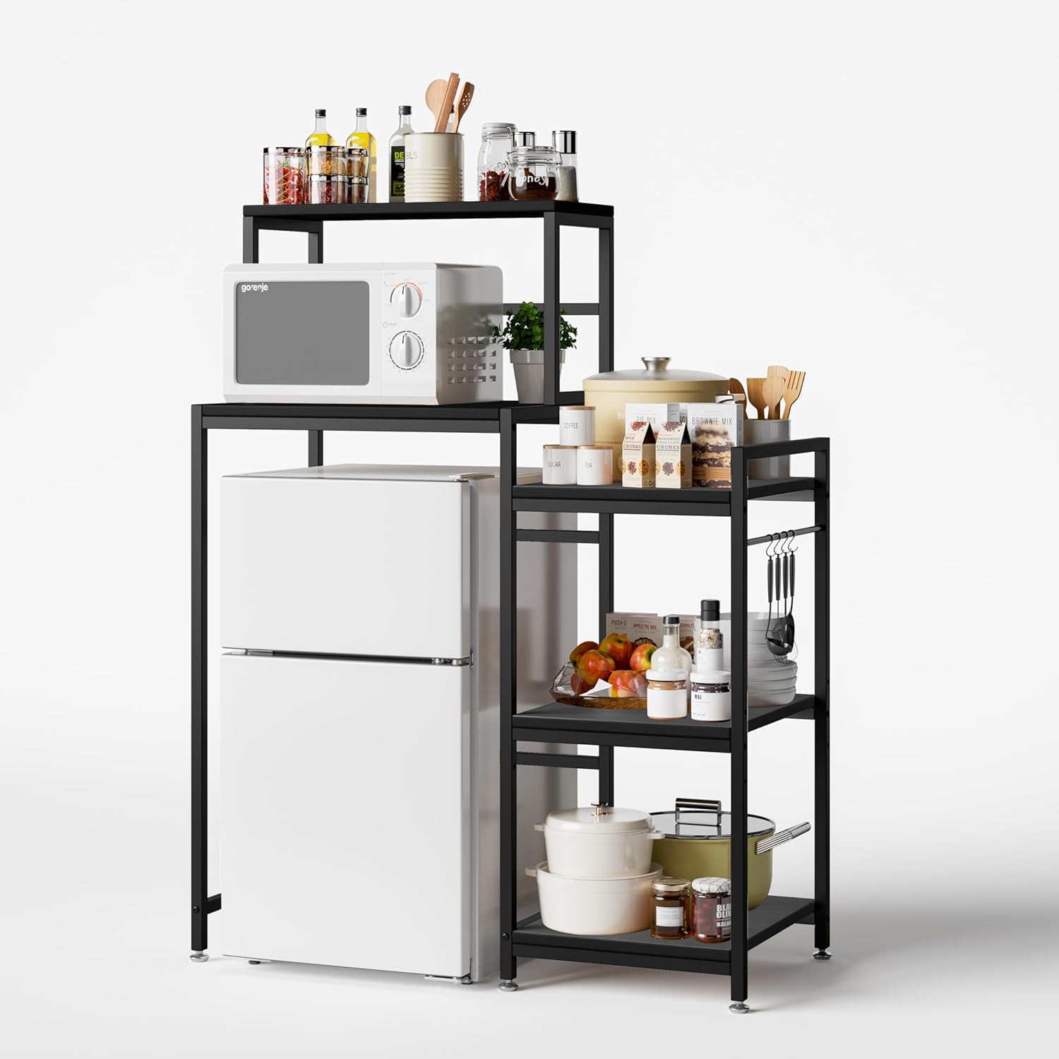 COCOLUCKY 6-Tier Mini Fridge Stand with Storage,Mini Fridge Shelf,Mini Coffee Bar with Mini Fridge Space,Baker Racks,Microwave Stand,Mini Fridge Cabinet with Storage for Dorm Kitchen(Black Wood Grain)
