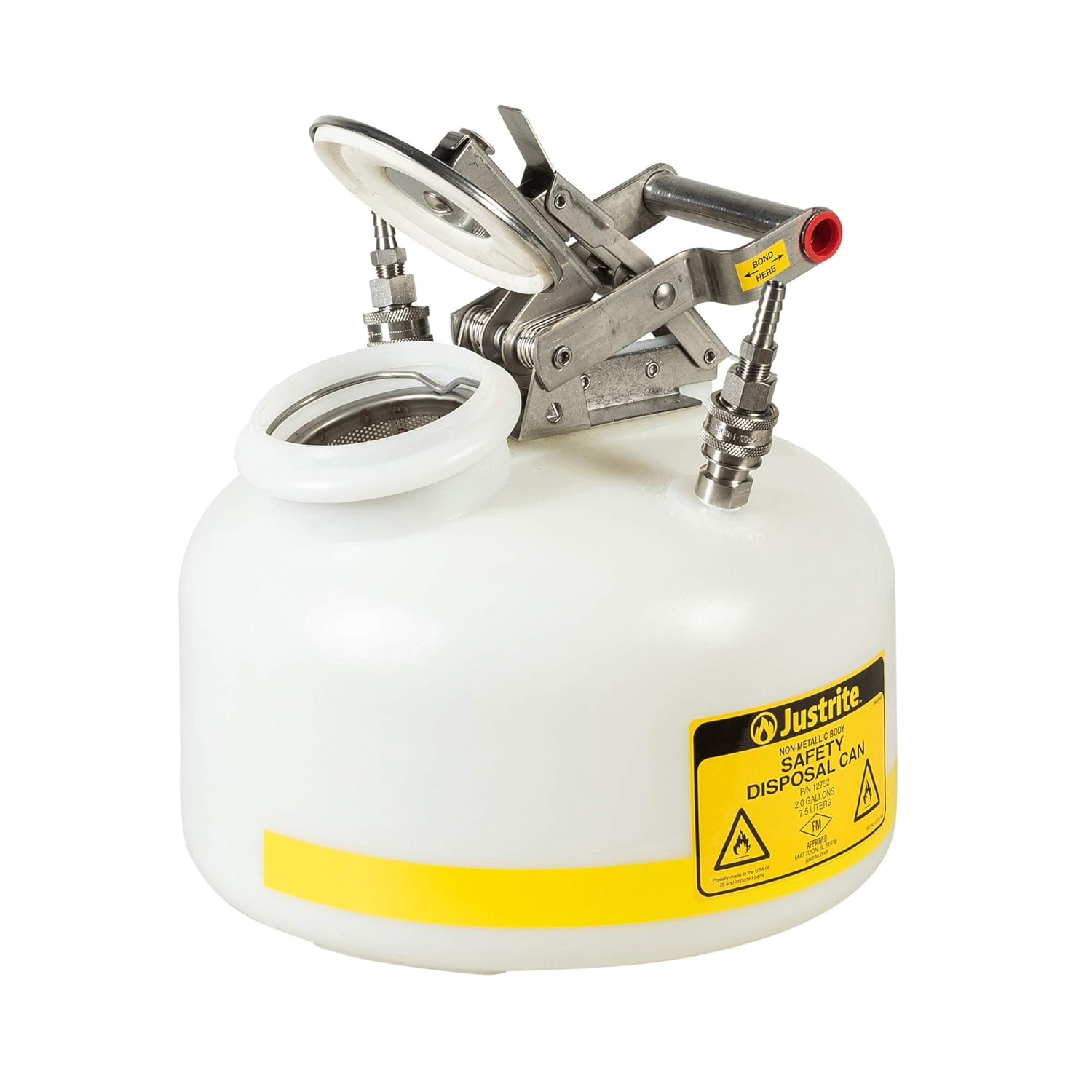 Justrite TF12752 Centura Disposal Polyethylene Prefabricated Quick-Disconnect Safety Can with Stainless Steel Fitting, 2 Gallon Capacity