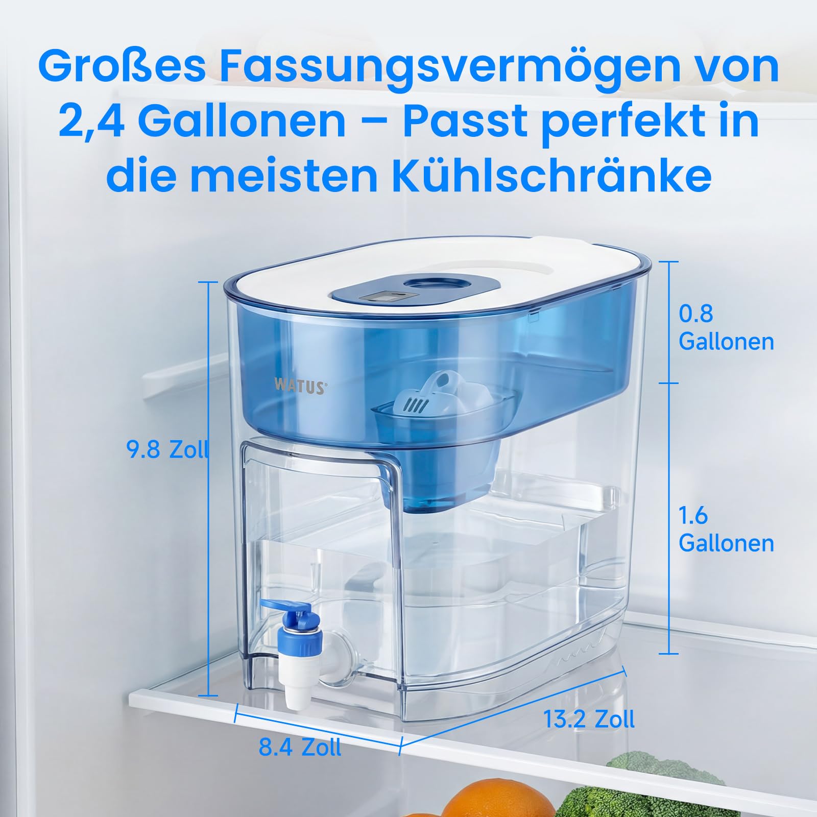 Wasserfilter Spender 9L, XXL Wasserspender mit Filter für Kühlschrank & Arbeitsplatte, Wasserfilterkanne mit Zapfhahn, inkl. 1 Filterkartusche, Filtert Verunreinigungen, Filterwechselanzeige