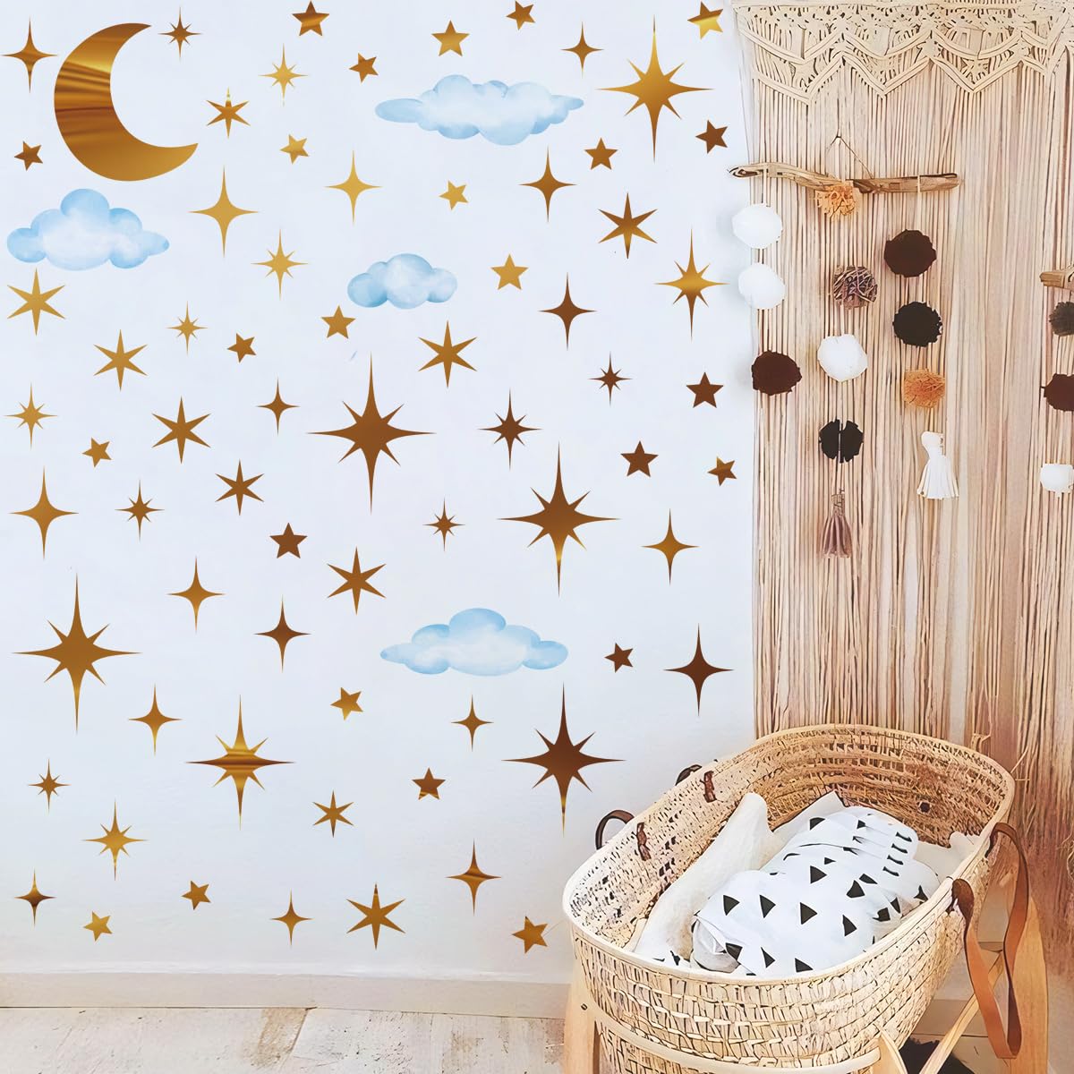 Runtoo Star Wall Decals for Nursery Sparkle Gold Moon Cloud Stars Wall Stickers Peel and Stick Girls Bedroom Kids Decor - Image 3