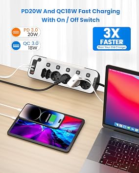 Power Strip Desk with USB C PD20W Table Socket with Switch 6-Way Multiple Socket Surge Protection Table Socket Individually Switchable Power Strip Wall Mounting 2m Cable Black