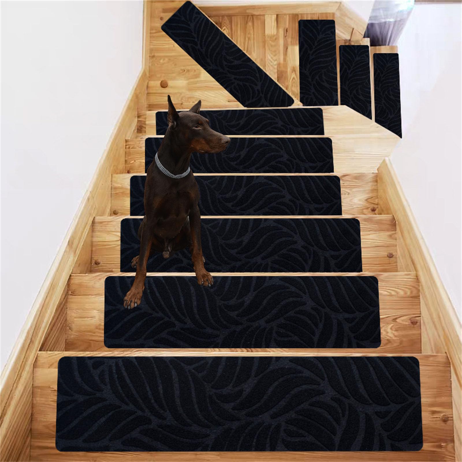 TYYCKJ Carpet Stair Treads Self Adhesive, Non-Slip Carpet Stair Runner Carpet Stairs Mats Removable Reused for Kids Elders and Pets (15pc,Leaf-Black)