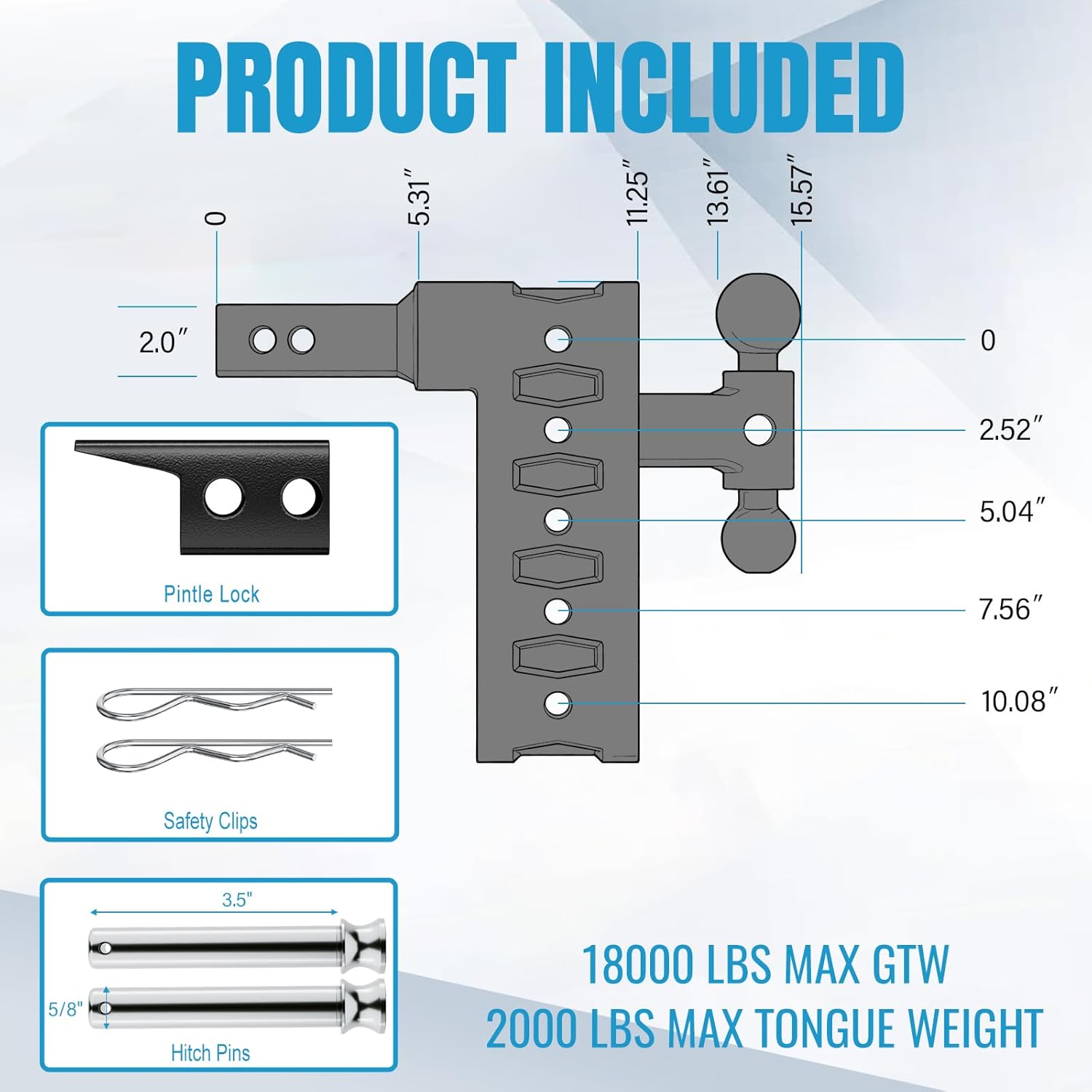 Trailer Hitch Fit 2-Inch Receiver, Adjustable Tow Hitch 10" Drop & Rise, Heavy Duty Drop Hitch for Trucks (18,000 LBS GTW) with 2"& 2-5/16" Dual Ball Mount, Includes Pintle Lock & Hitch Pins & Clips