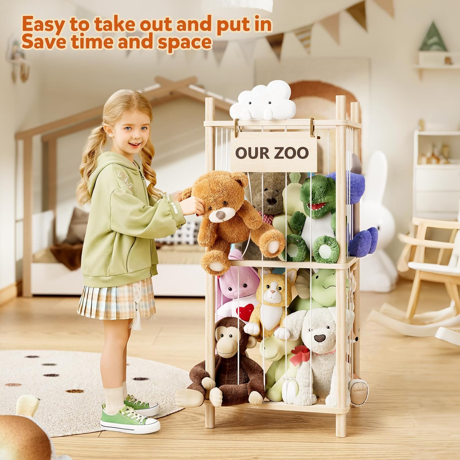 Dayacoco Stuffed Animal Storage, 2 Layer Wood Stuffed Animal Organizer Zoo, Toy Stuffy Storage Bin with Elastic Band and Net for Nursery Play Room Bedroom (Pine Wood)