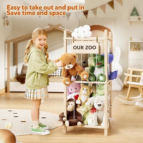 Miniatura 5 de Almacenamiento de animales de peluche, organizador de animales de peluche de madera de 2 capas, contenedor de almacenamiento con banda elástica y