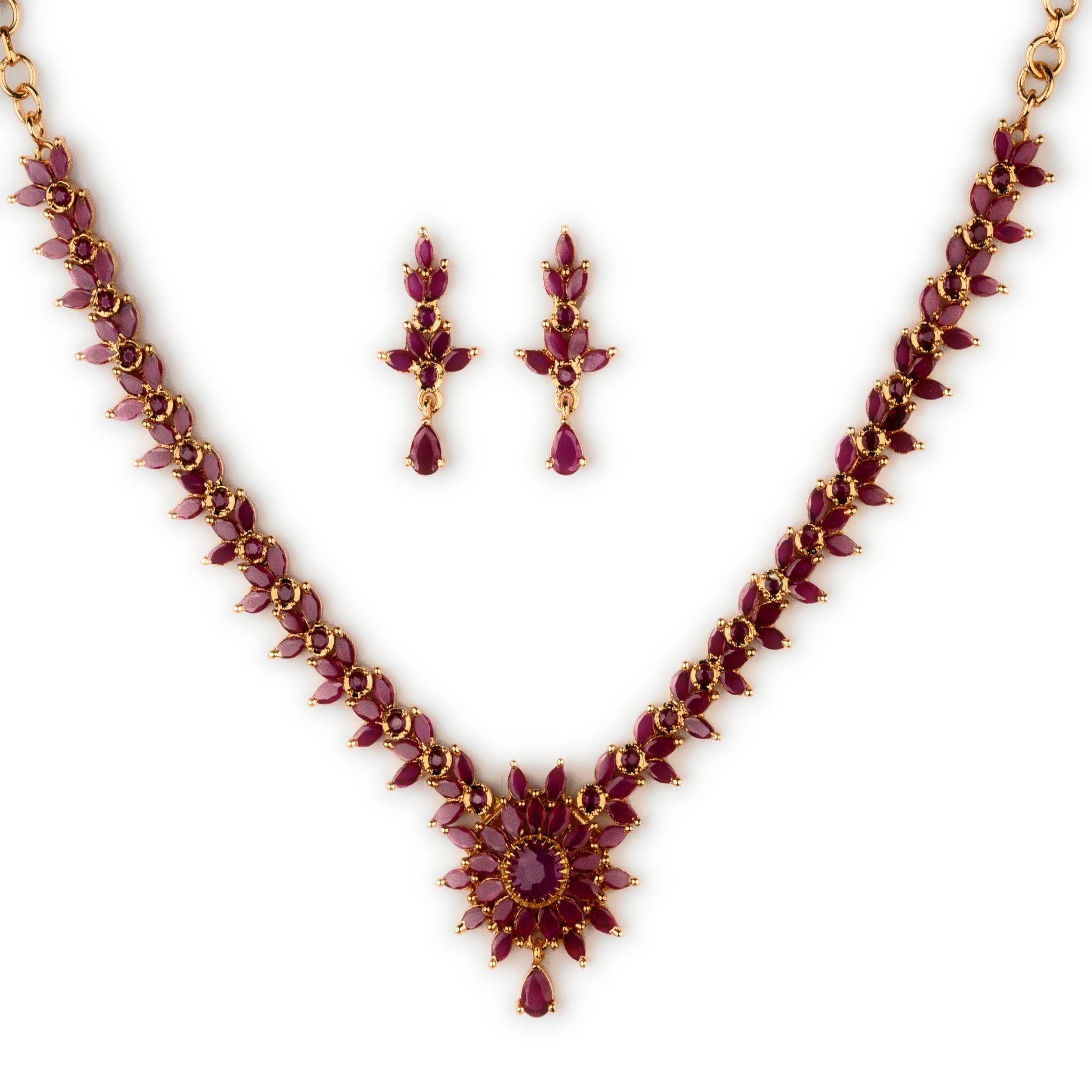 Sasitrends Micro Gold Plated Radient AD Ruby American Diamond Jewellery Necklace Set with Earrings for Women and Girls