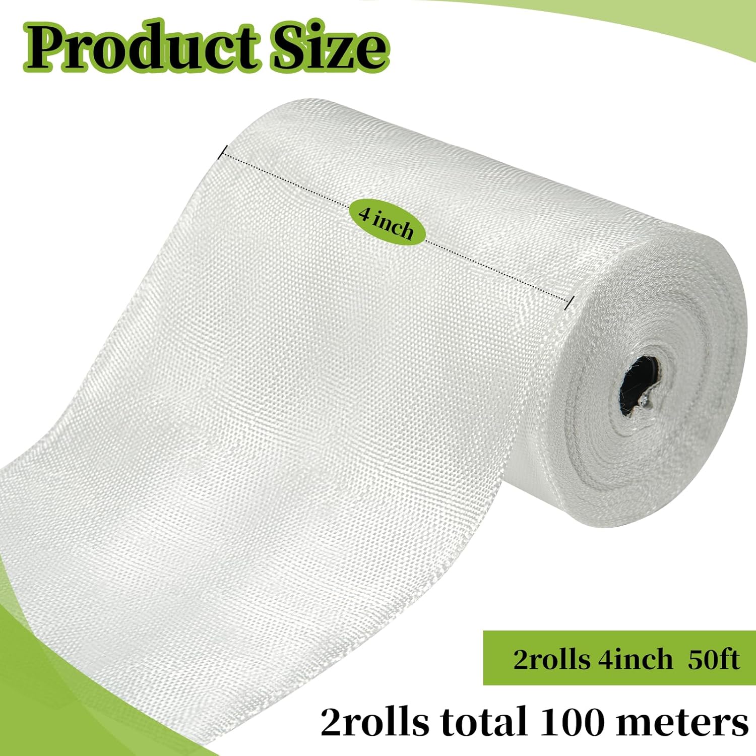 Fiberglass Cloth Tape 50FT 2 Rolls Non-Adhesive Plain Weave Repair High Strength Cloth for Seams, Reinforcement, Fiberglass Resin Saturation,Insulation (White, 4 InchX50 feet)