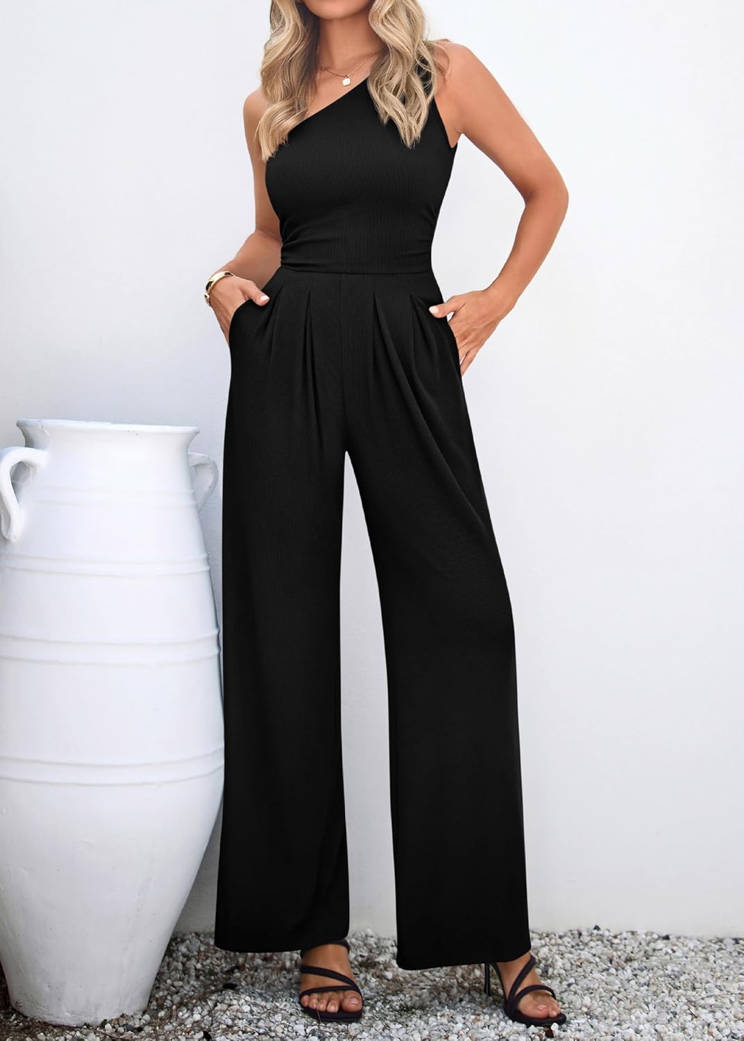 KIRUNDO One Piece Jumpsuits For Women Dressy 2026 Sleeveless One Shoulder Ribbed Wide Leg Rompers With Pockets Summer Outfits - Image 6