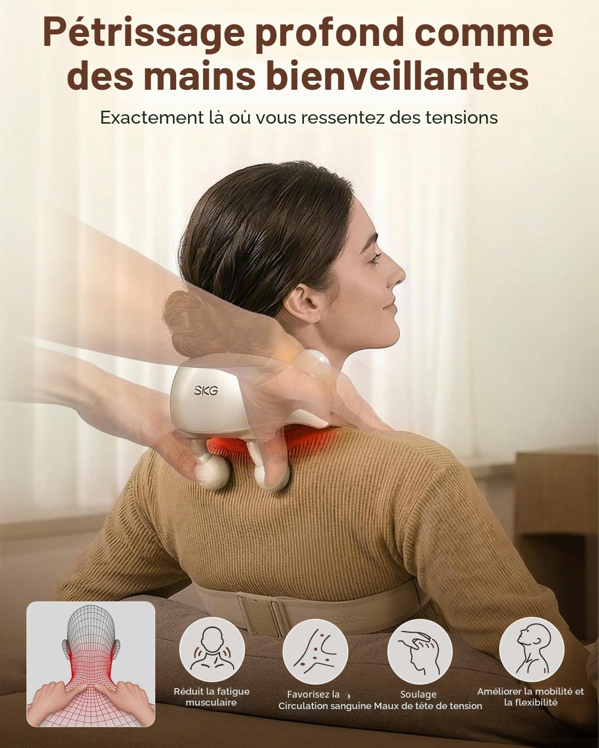 SKG Appareil de massage Shiatsu avec chaleur, tête de massage 6D blanche, cadeau pour hommes et femmes, H7 Ultra