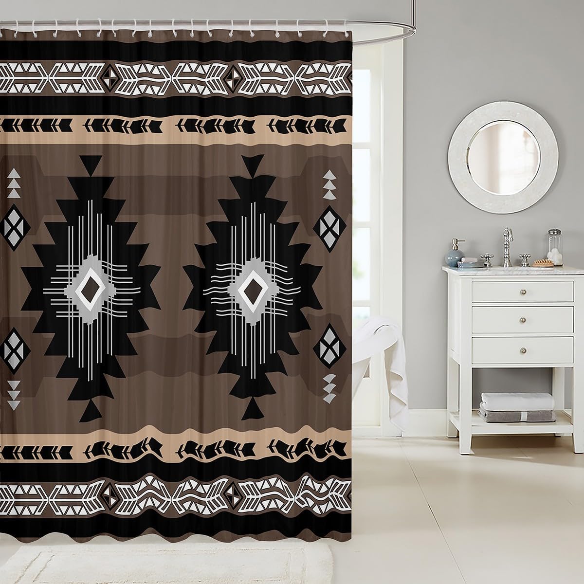 jejeloiu Boho Shower Curtain 72"x78" Southwestern Native Aztec Bathroom Shower Curtain Set Indian Tribal Bath Curtain Retro Exotic Boho Kids Bathroom Accessories Dark Grey