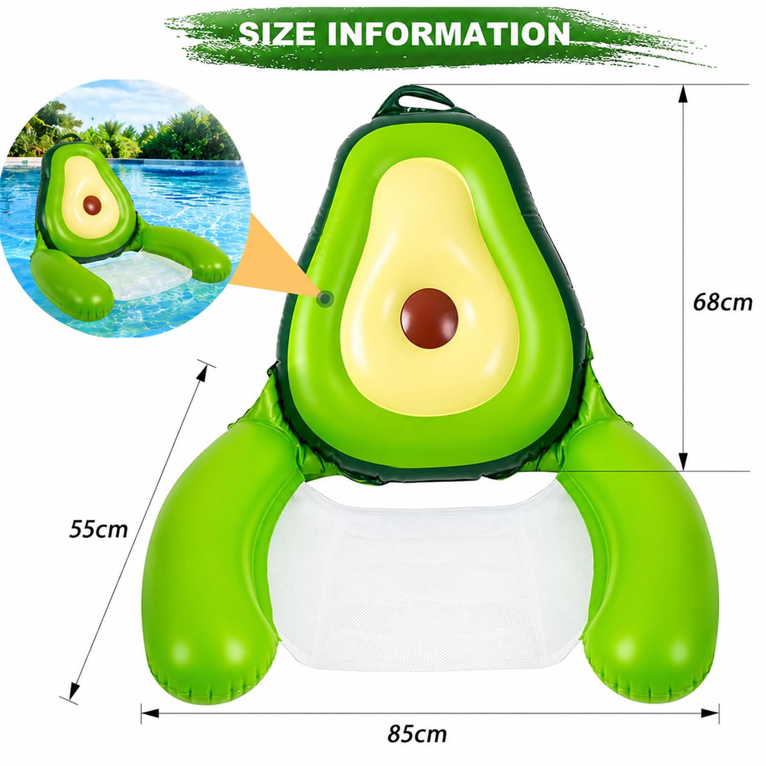 Poltrona Galleggiante Gonfiabile a Forma di Avocado per Piscina, Sedile in Rete con Braccioli, Galleggiante da Acqua per Adulti, Spiaggia, Lago, Party e Relax Estivo