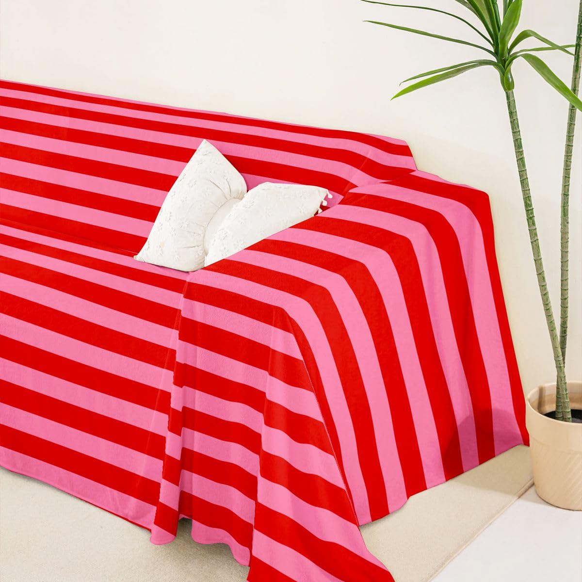 Homewish Funda de sofá a rayas rosas y rojas de 180 x 340 cm para 2, 3 y 4 plazas