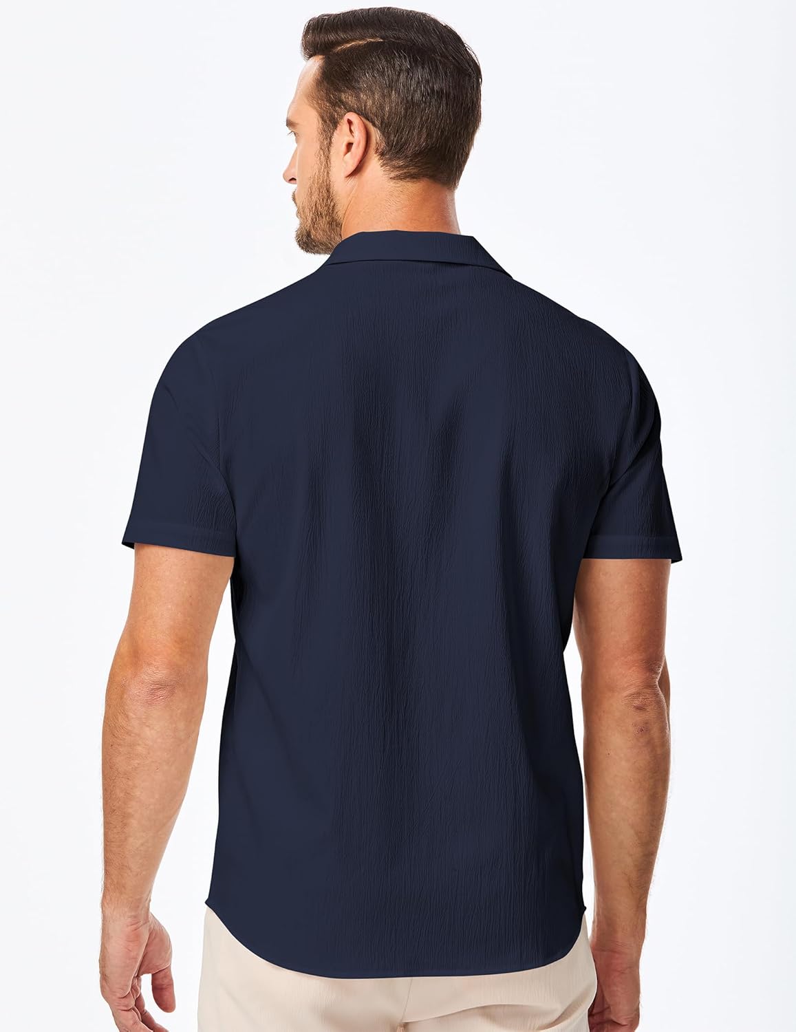 JMIERR Men's Casual Button Down Shirts Short Sleeve Textured Summer Beach Shirt Cuban Vacation Shirts with Pocket Small Navy Blue image 2 of 9 B0DKNN5RFP