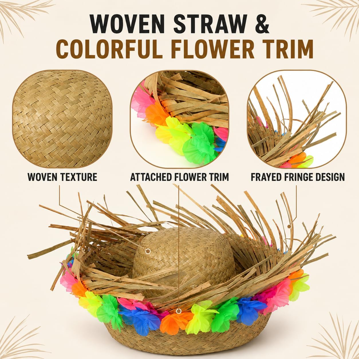 Alipis 14Inch Hawaiian Straw Hat with Flower Trim for Halloween Luau Party