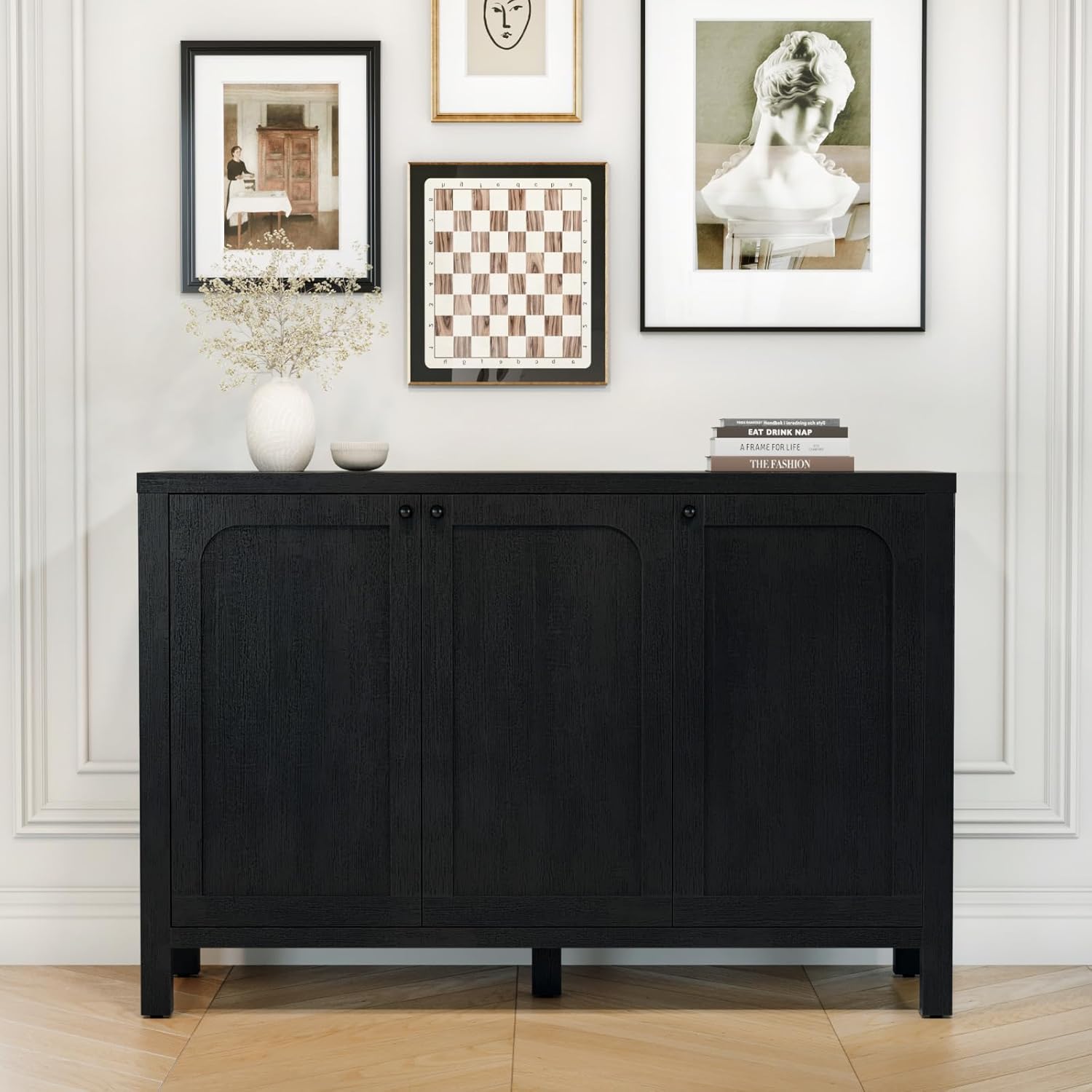 47" Black Sideboard Buffet Cabinet with Storage Modern Credenza with Doors Heavy Duty Wood TV Media Console Table Accent Cabinet for Living Room Hallway Entryway