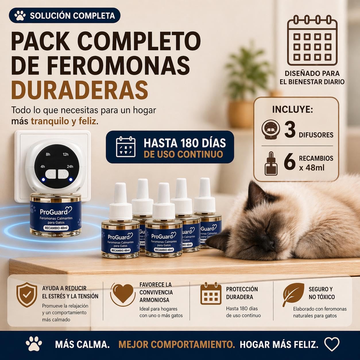 ProGuard® Difusor de Feromonas Calmantes para Gatos | Kit 3 Difusores con Temporizador + 6 Recambios (48 ml) | Solución Natural para Ansiedad y Estrés en Gatos y Gatitos, hasta 180 Días de Duración