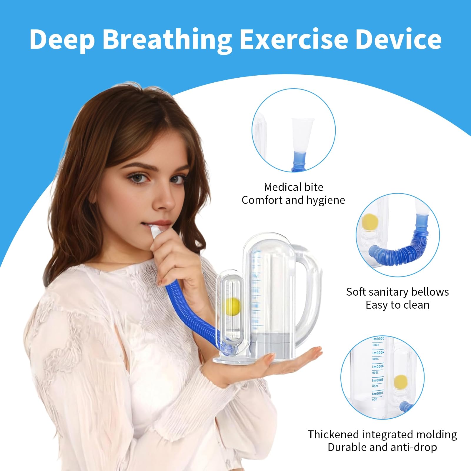 Appareil de renforcement respiratoire Spiromètre d'incitation à l'exercice respiratoire 5000 ml Mesure du volume avec indicateur de débit Entraîneur profond pour étudiants Blanc