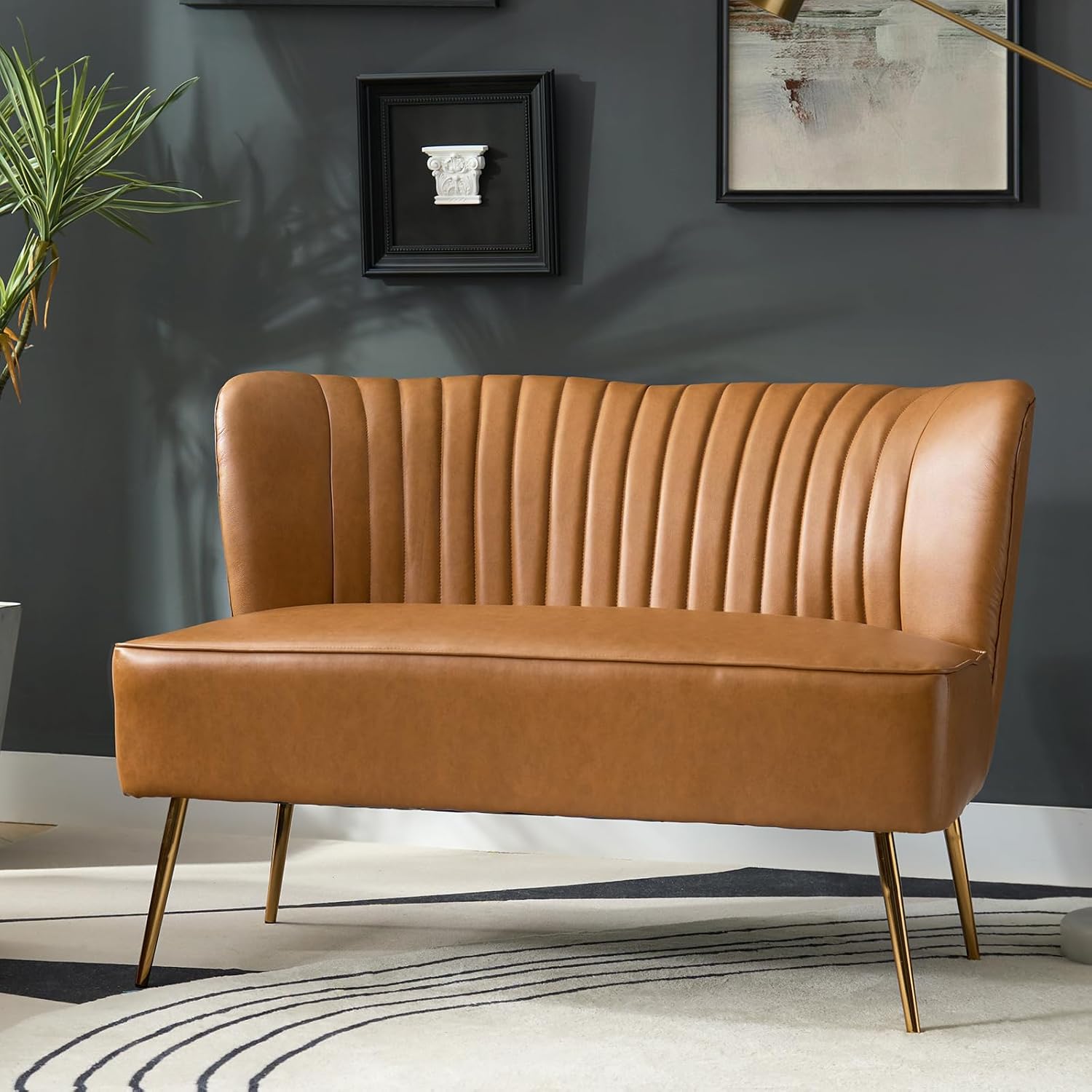 HULALA Home Contemporary Loveseat Sofa with Metal Legs, Upholstered PU Faux Leather 2-Seat Small Couch, Armless Love Seats Chairs for Bedroom, Living Room, Office, Apartment, Small Space/Camel