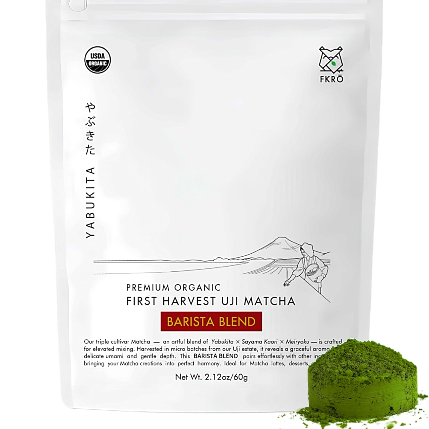 FKRO Organic Barista Matcha Green Tea Powder (60g/2.12oz) 1st Harvest, Triple Cultivar Blend (Yabukita, Meiryoku, Sayama Kaori) | Stone-Ground Uji Japan Matcha for Lattes & Smoothies | Flown Fresh Monthly